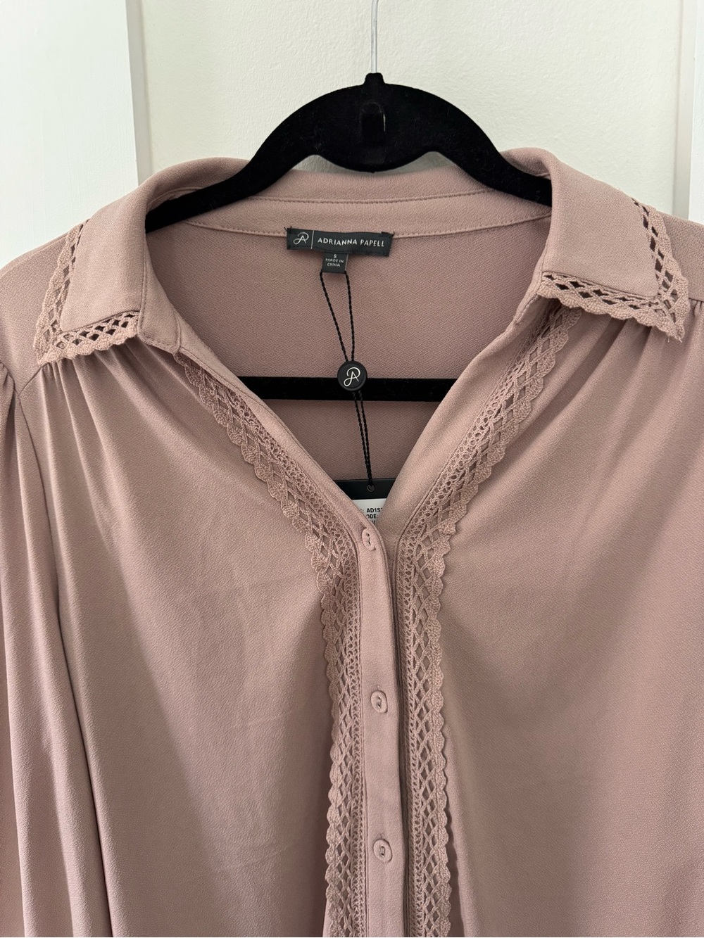 Adrianna Papell Dusty Mauve Lace-Trim Button Front Blouse